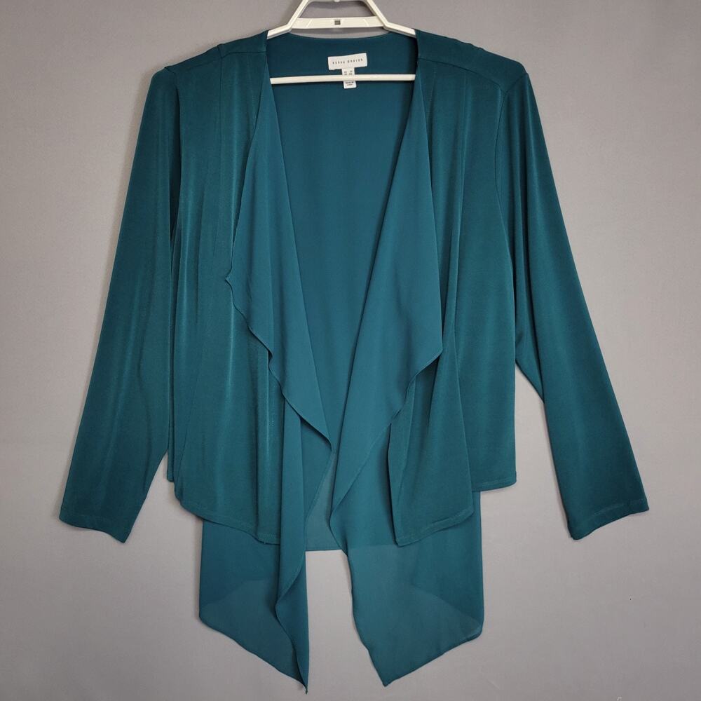 Susan Graver Cardigan Chiffon Top Womens 2X Green Sheer Long Sleeve Waterfall